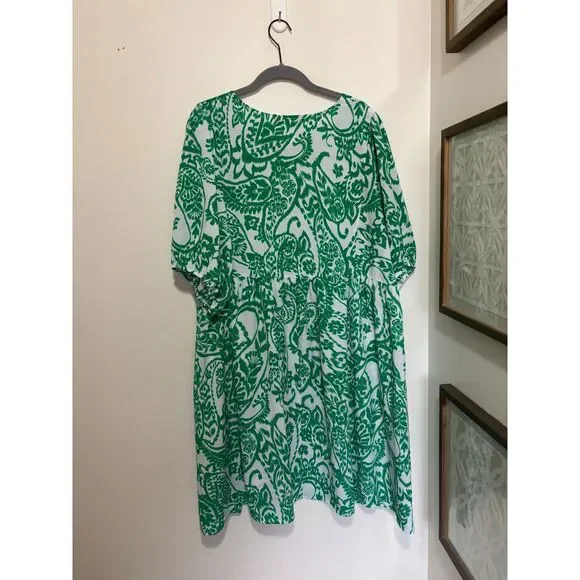 Emma & Michele 2X Green White Ikat Paisley Boho Peasant Dress Preppy Coastal - Picture 5 of 8